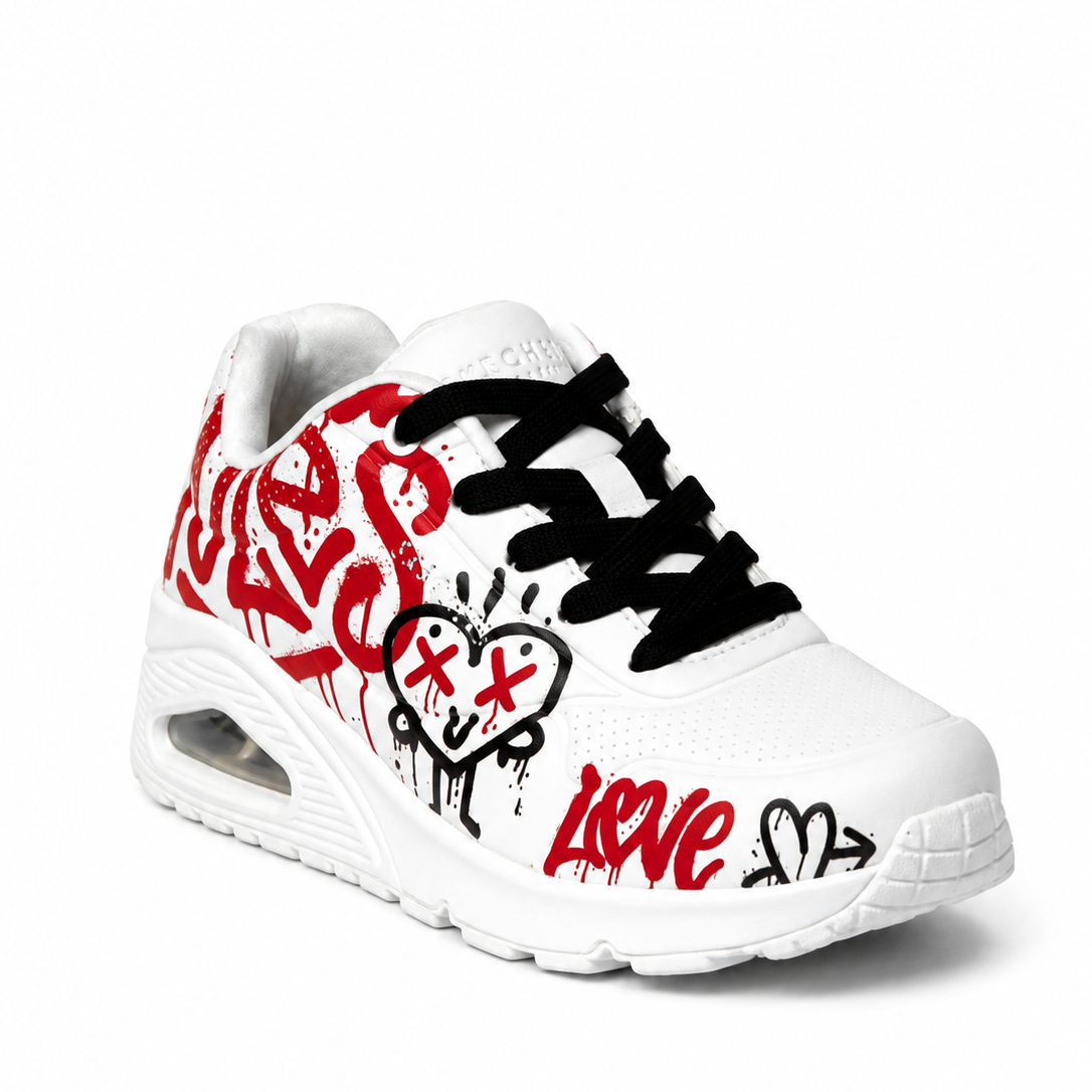 SKECHERS UNO White Red Graffiti Air Sneakers